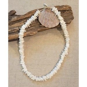 White Natural Clam Shell Bead Choker Necklace Hawaiian 16" Surfer Unisex